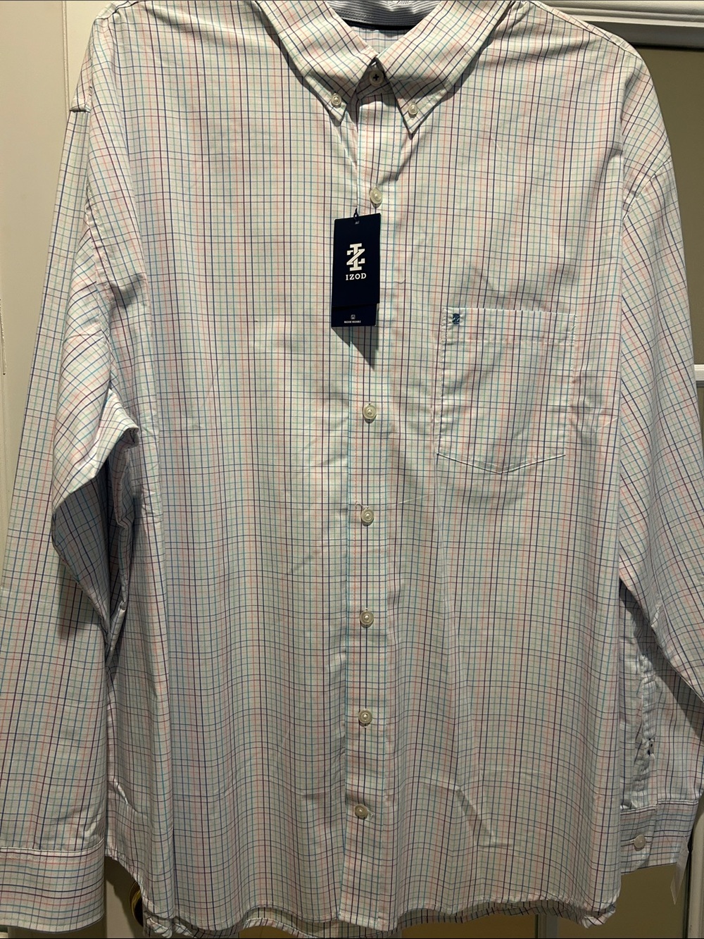 IZOD Long-Sleeve Button-Down Shirt in White with Blue & Pink Checks